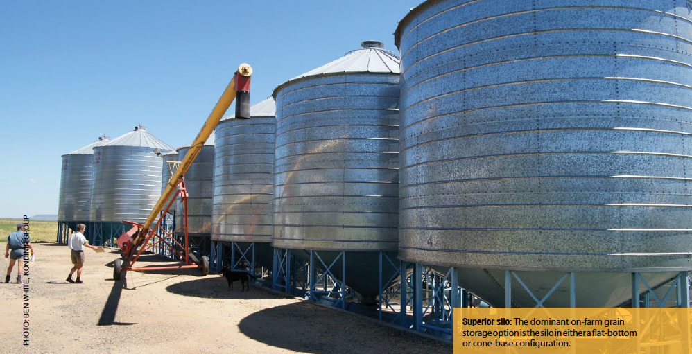 Superior silo: The dominant on-farm grain storage option is the silo in either a flat-bottom or cone-base configuration.